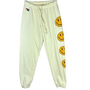 Aviator Nation Smiley Face Sweatpants Womens XS Off-White Fleece Joggers Lounge